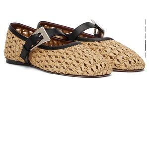 Paris Texas Sveva Raffia Buckle Ballerina Flats Beige Black NWT 39.5